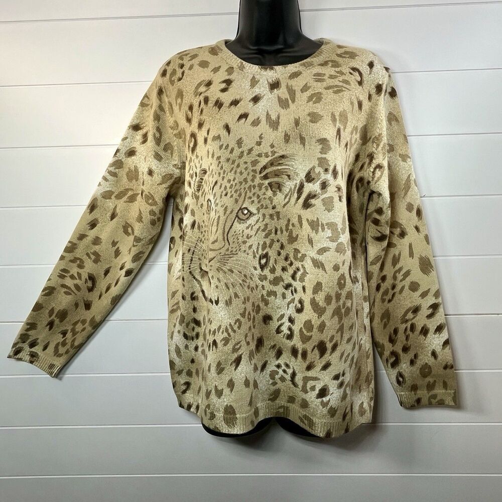 Alfred Dunner Womens Sweater Tan Brown Leopard 3D Pullover Small Mob Wife
